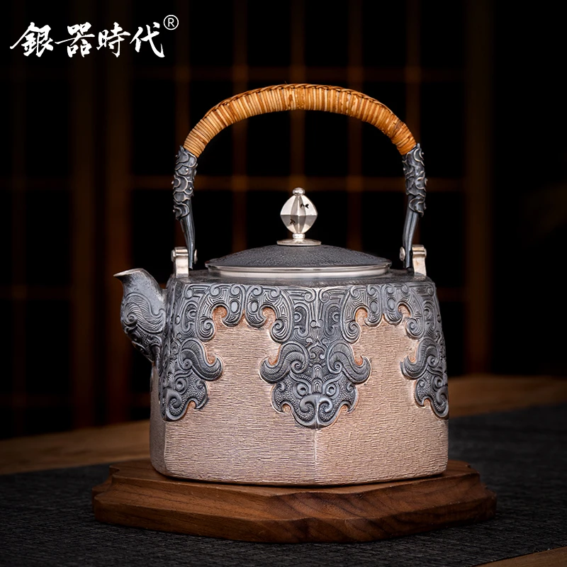 银器时代 六方饕餮银壶足银999烧水壶纯手工中式茶具收藏级银茶壶