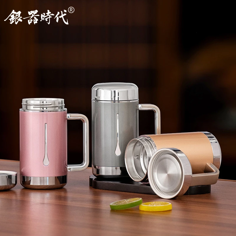 银器时代 内胆足银保温杯男女999银杯子水杯大容量办公室泡茶杯子