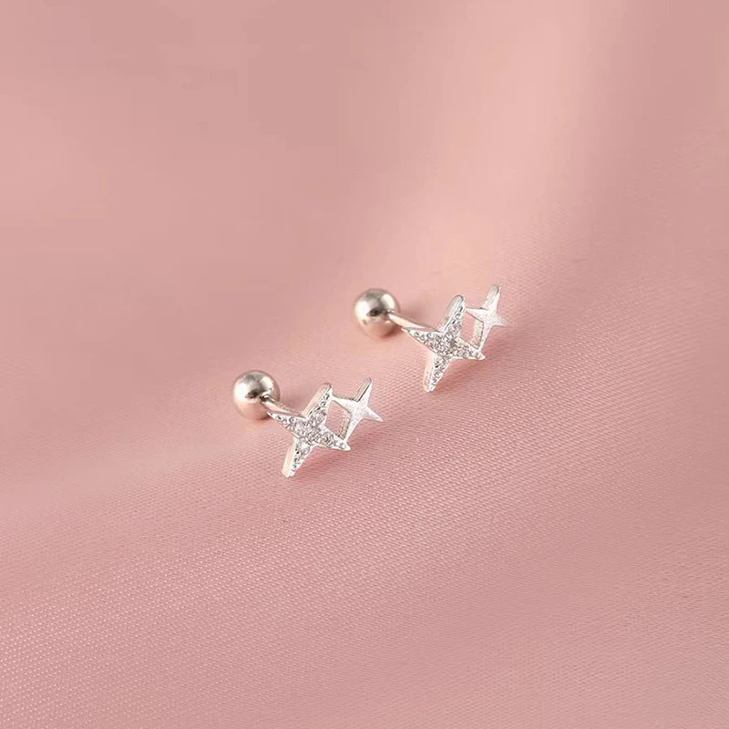 银色四芒星耳钉女新款爆款小众高级感螺丝拧扣耳饰
