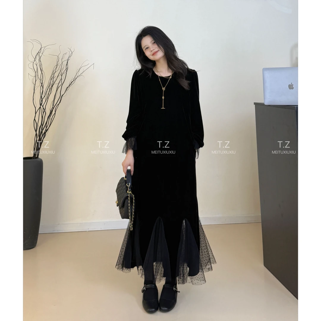 【婷子定制】~150小个子秋冬气质百搭拼接丝绒连衣裙B907