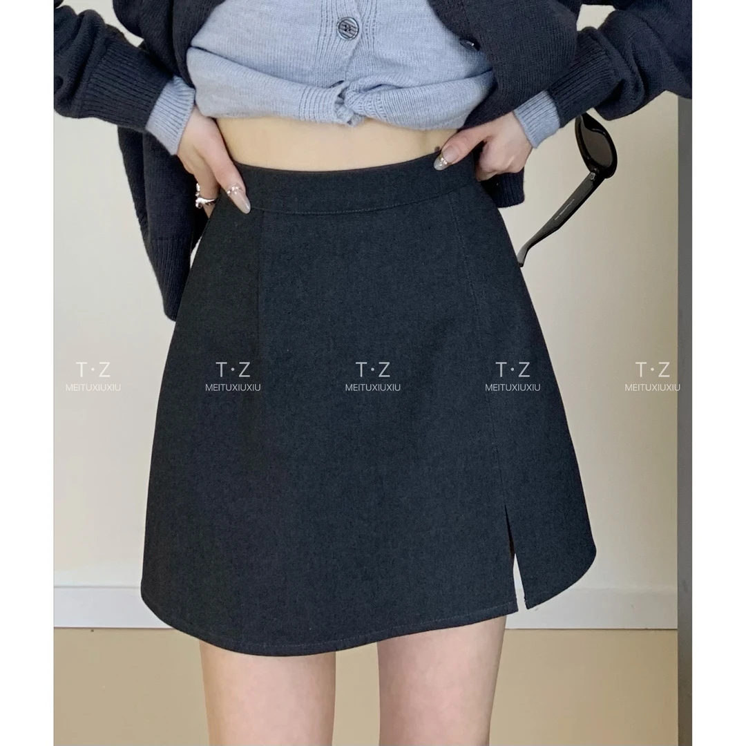 【清仓只出不进】~150小个子秋款百搭高腰开叉A字短裙B226