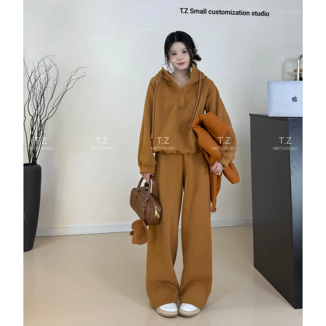 【婷子定制】~150小个子冬款休闲百搭加绒连帽卫衣套装B999