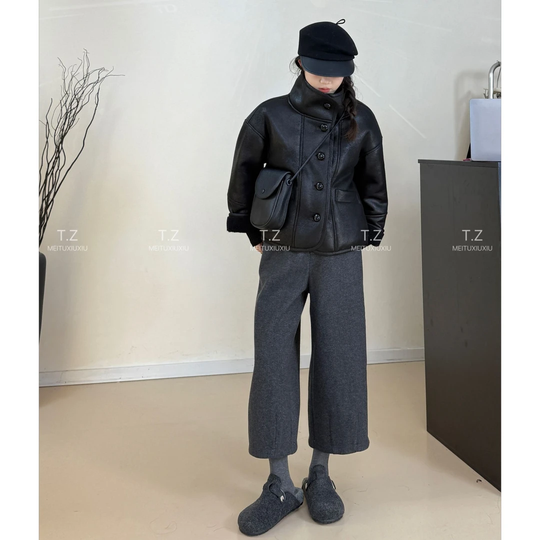 【婷子定制】~150小个子冬款高级感烫金鹿皮绒皮毛一体机车外套B978
