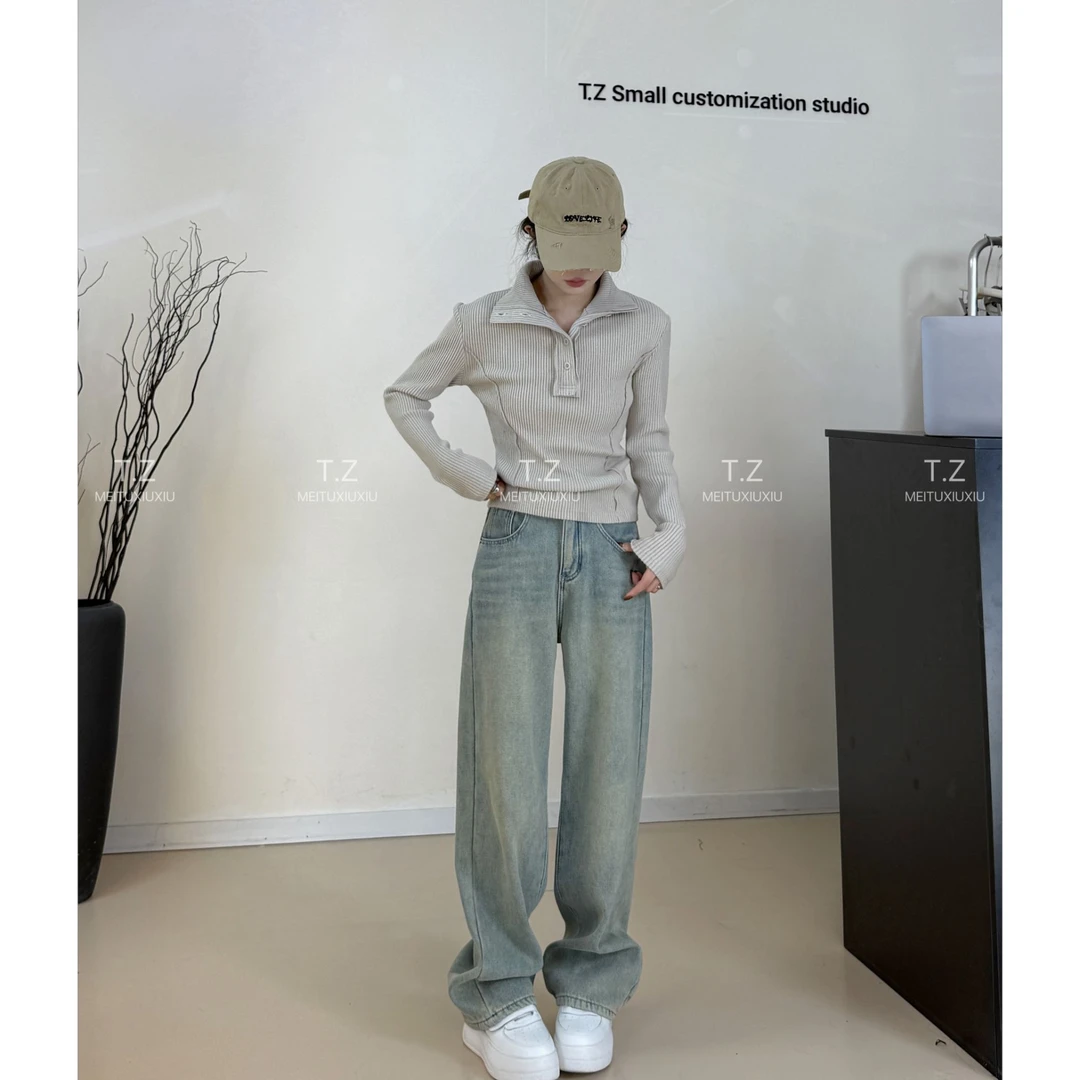 【婷子定制】~150小个子秋冬百搭韩版纯色条纹翻领磨毛上衣B1028