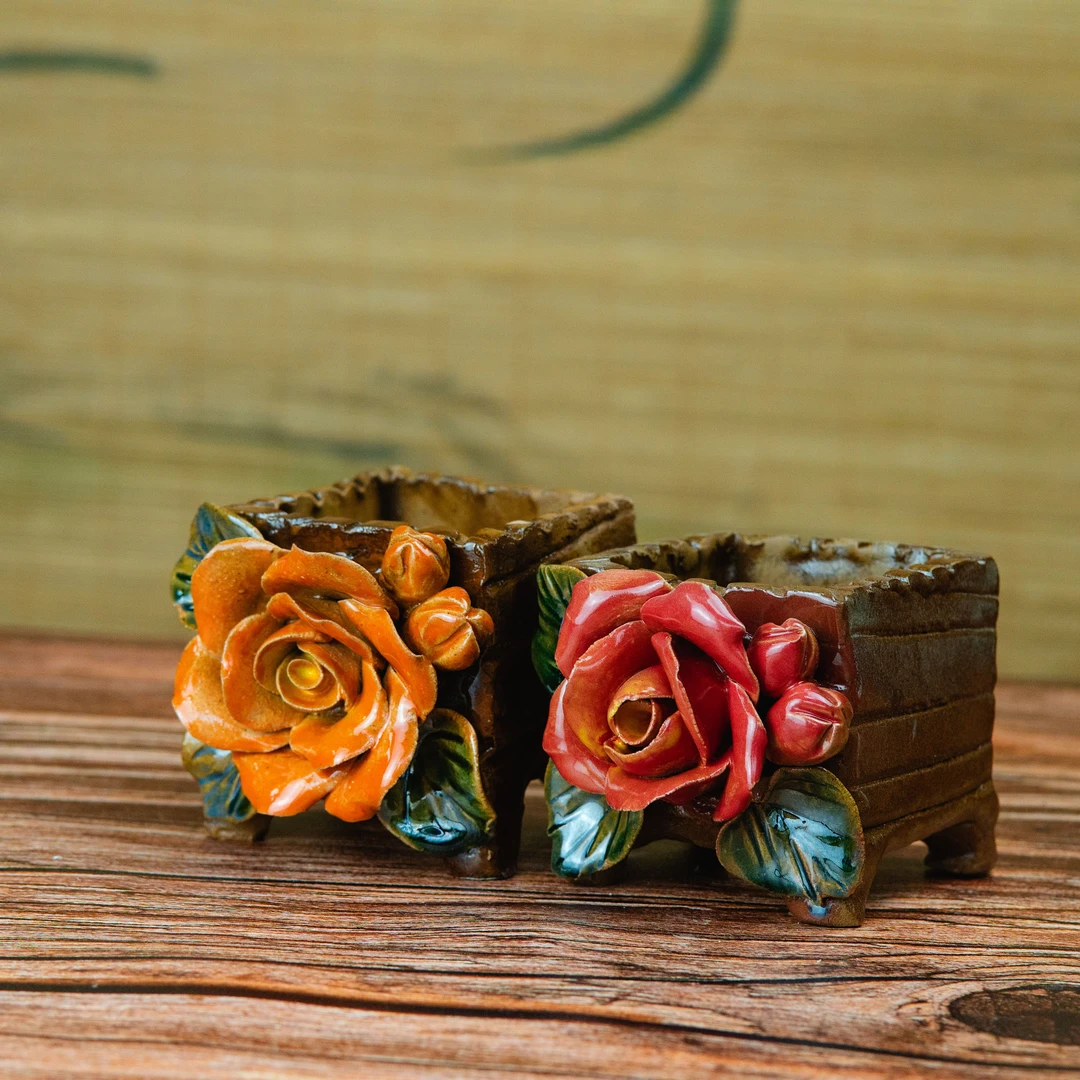 石榴盆景精美手工捏花多肉盆 2只装花卉绿植透气透水陶瓷花盆