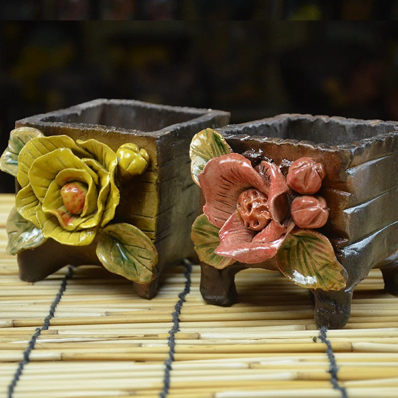 纯手工多肉捏花精选陶瓷盆桌面摆件中国风透气透水