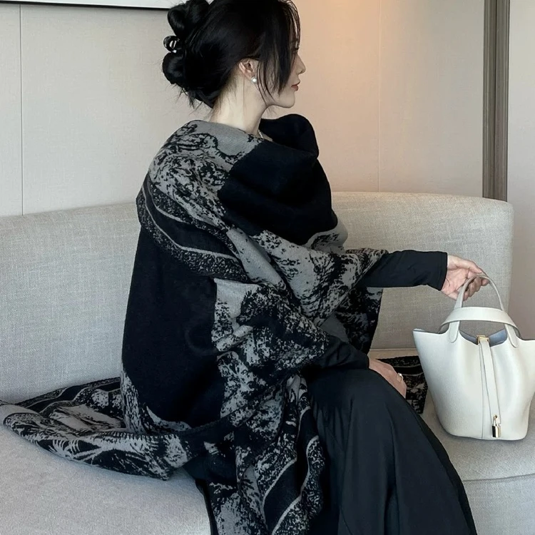 保暖竹林山水复古披肩女新国风高级感仿羊绒秋冬搭配轻奢风