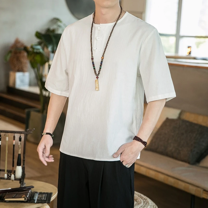 t恤上衣大码男士男装夏季宽松中国风短袖古风民族风半袖薄款棉麻