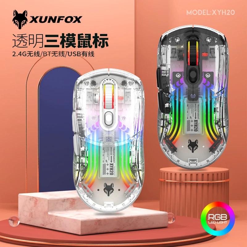 黑透-白透RGB三模（无线·蓝牙·有线）静音透明鼠标游戏办公充电