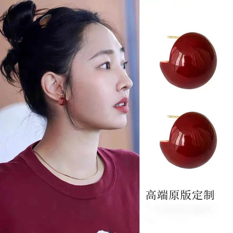 铜合金珐琅耳饰 925银针轻奢百搭小众光面红色贪吃豆耳钉气质简约