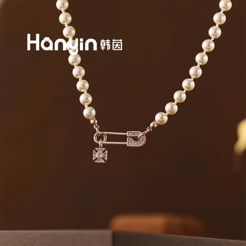 铜合金仿珍珠项链 时尚百搭气质光面微镶别针土星圆珠项链AAA