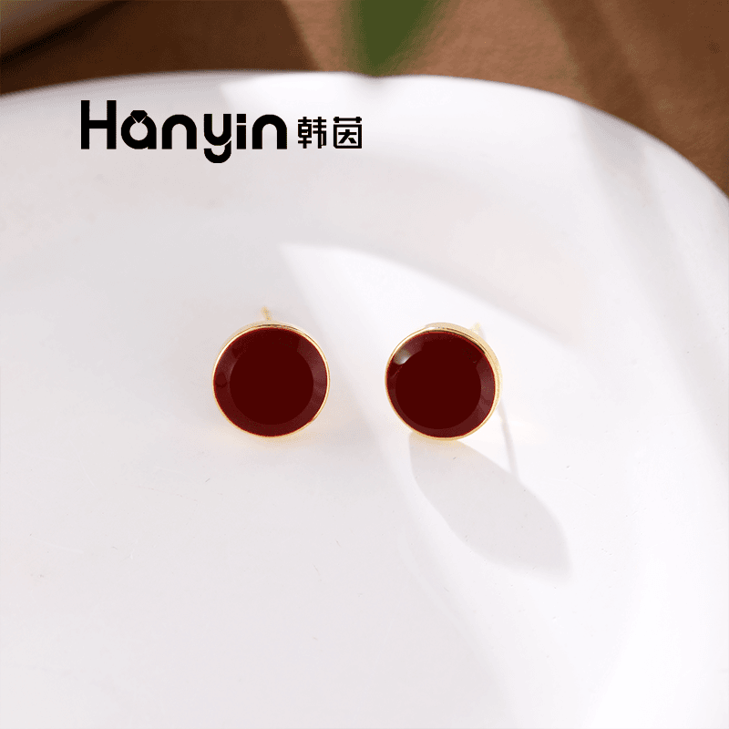 hanyin/韩茵 铜合金珐琅耳饰925银针经典大气酒红色CD圆形设计百搭耳钉简约女