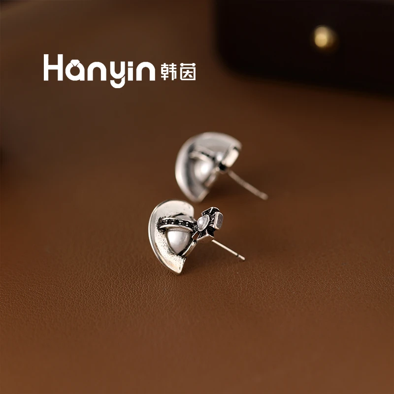 铜合金合成锆石耳饰 925银针复古银色半颗立体土星圆珠耳钉AAA