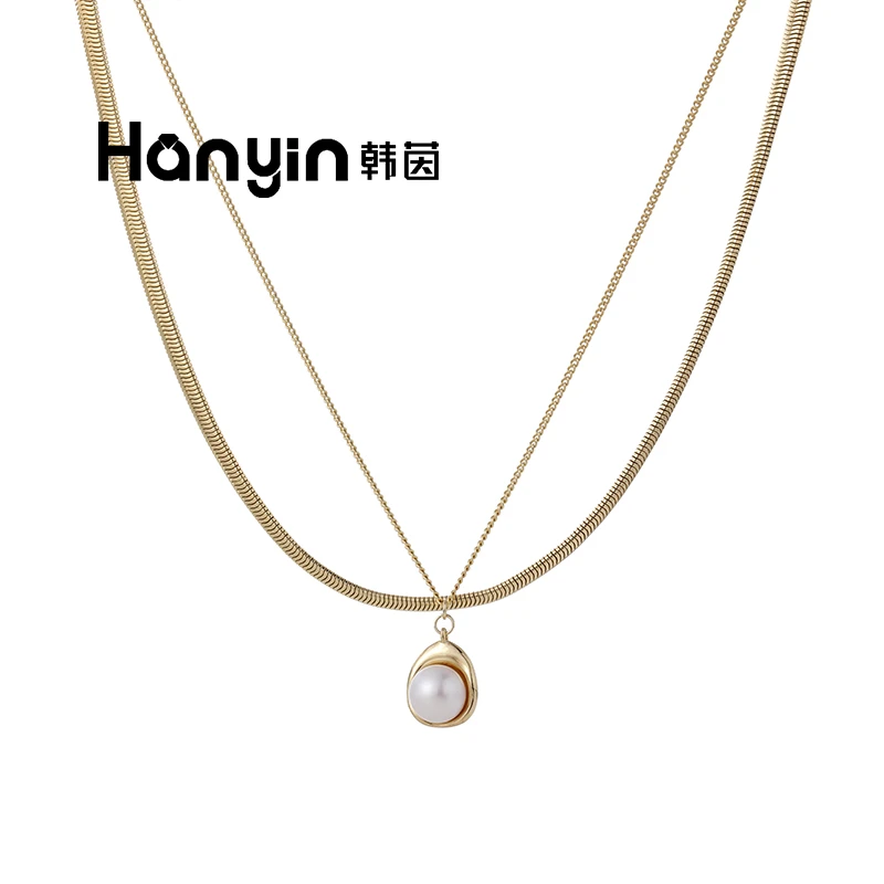 铜合金项链 时尚可拆卸扁形蛇骨AB款双层叠戴光面水滴圆珠项链