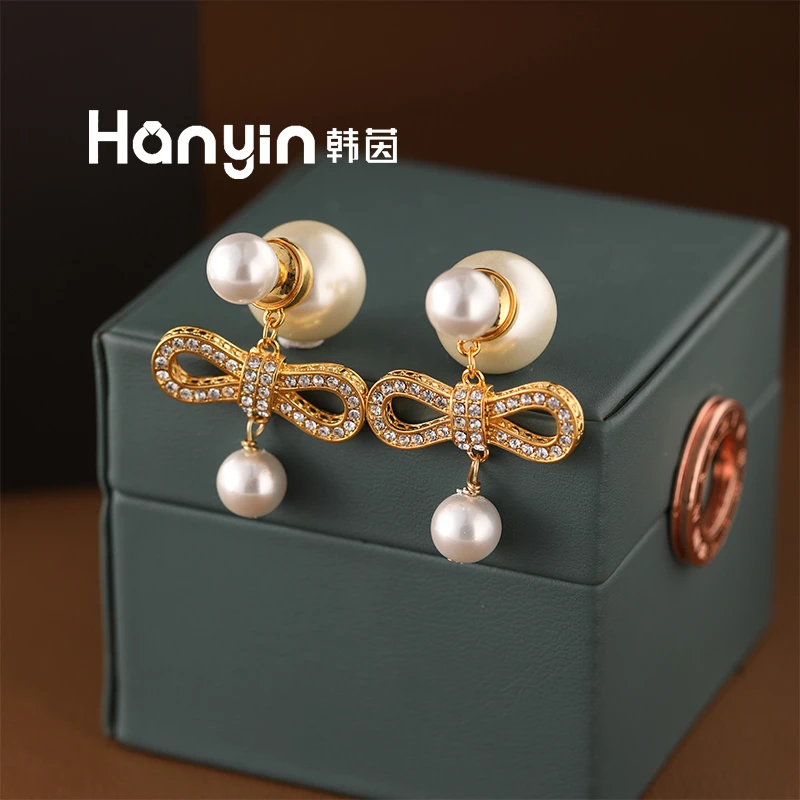 铜合金仿珍珠耳饰 韦雪同款925银针蝴蝶结大小珠耳钉AAA