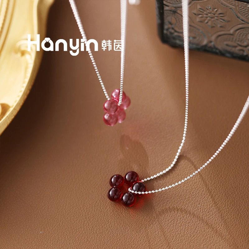 铜合金项链 时尚轻奢小众气质通透圆珠五瓣花波珠项链