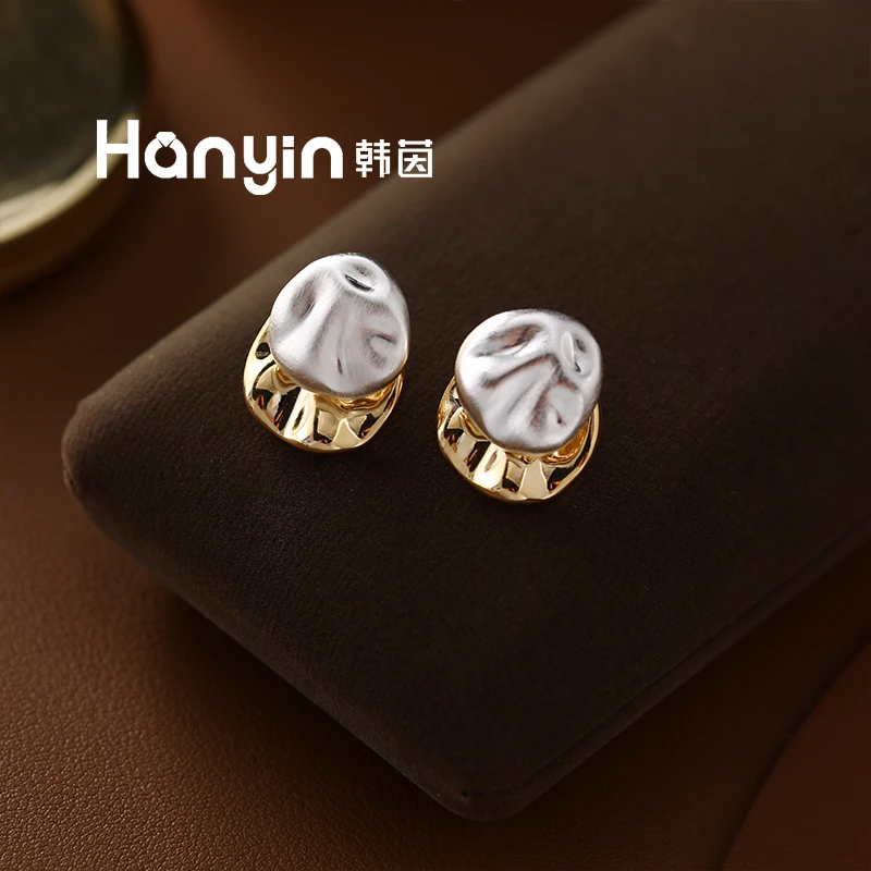 铜合金耳饰 925银针冷淡风撞色肌理圆饼两戴式耳钉