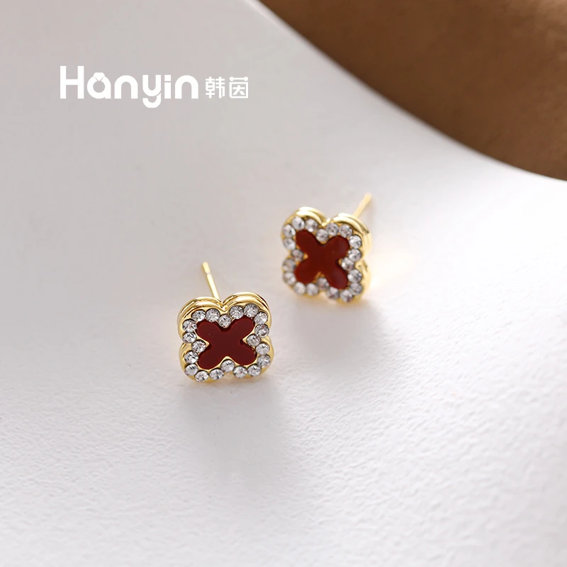 铜合金合成锆石耳饰 925银针时尚气质百搭轻奢四叶草耳钉AAA