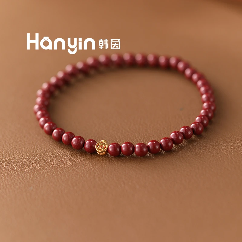 天然辰砂气质百搭4mm紫金砂搭配银S925钱多多弹力绳朱砂手串手链