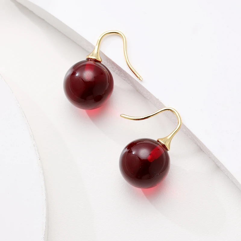铜合金仿水晶耳饰 13mm安可拉红时尚气质百搭红色圆球简约耳挂ins