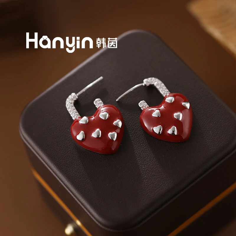 铜合金合成锆石耳饰 925银针气质光面微镶安可拉红色爱心耳钉
