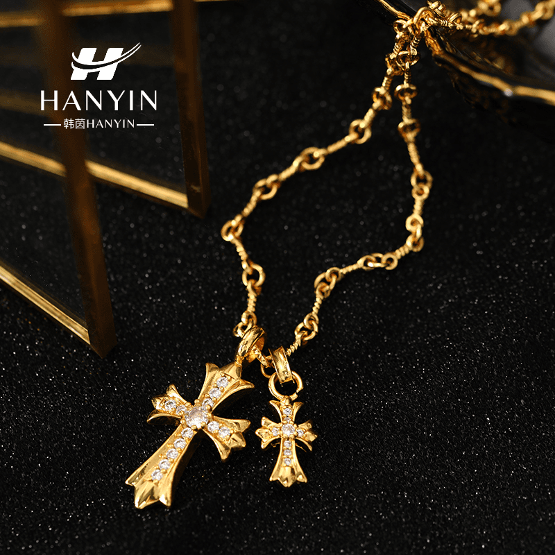 HANYIN/韩茵 铜合金项链 小众克罗风格微镶大小十字架毛衣链百搭