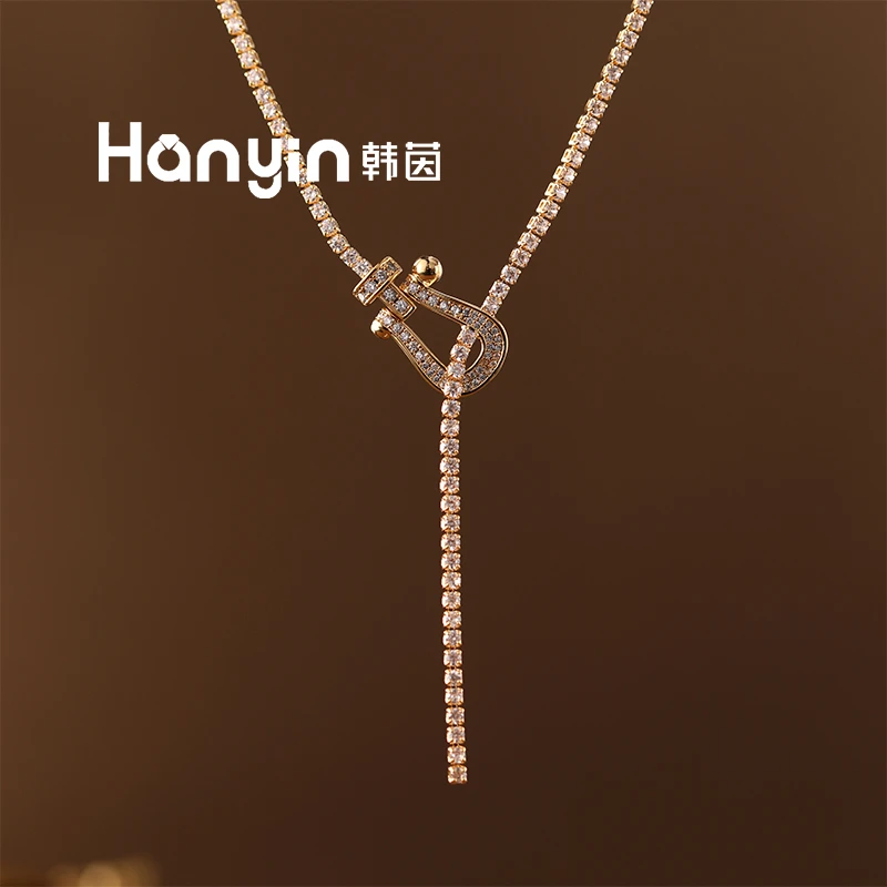 铜合金合成锆石项链 时尚百搭气质金色光面满微镶马蹄流苏项链AAA