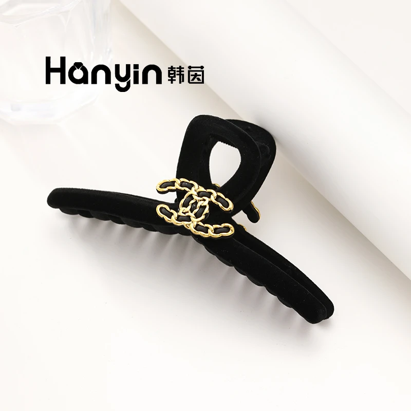 13cm时尚百搭气质小香风拼色双C绒布抓夹潮流韩版黑色成人发夹ins