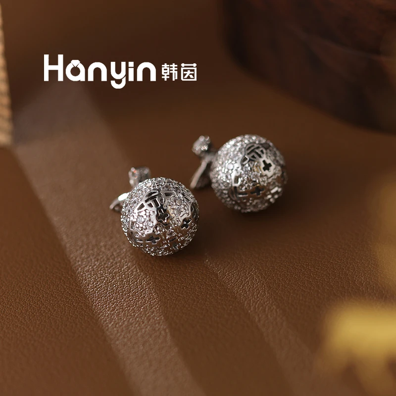 铜合金合成锆石耳饰 925银针气质光面微镶两戴土星圆球耳钉AAA