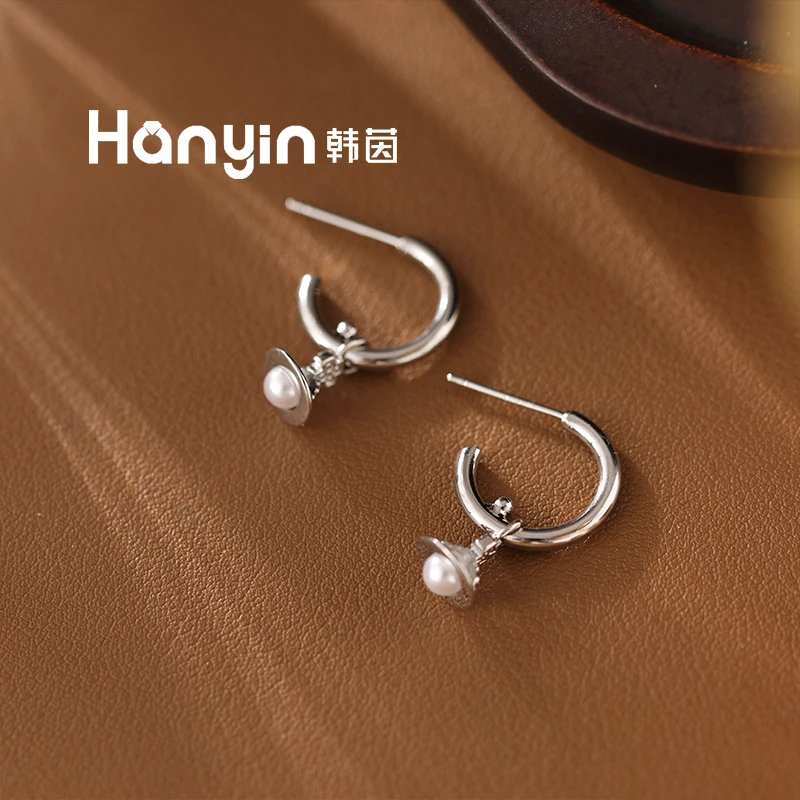 铜合金仿珍珠耳饰 925银针气质光面冷淡风迷你土星圆珠C形耳钉AAA