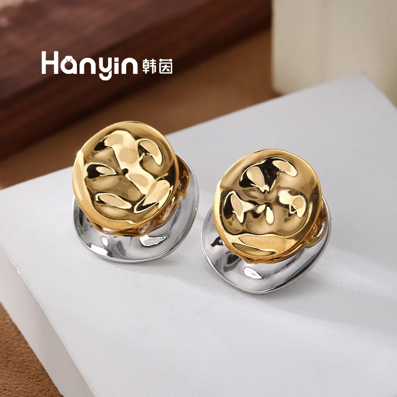 铜合金耳饰 极简冷淡风肌理圆片设计撞色可拆卸耳钉法式小众气质