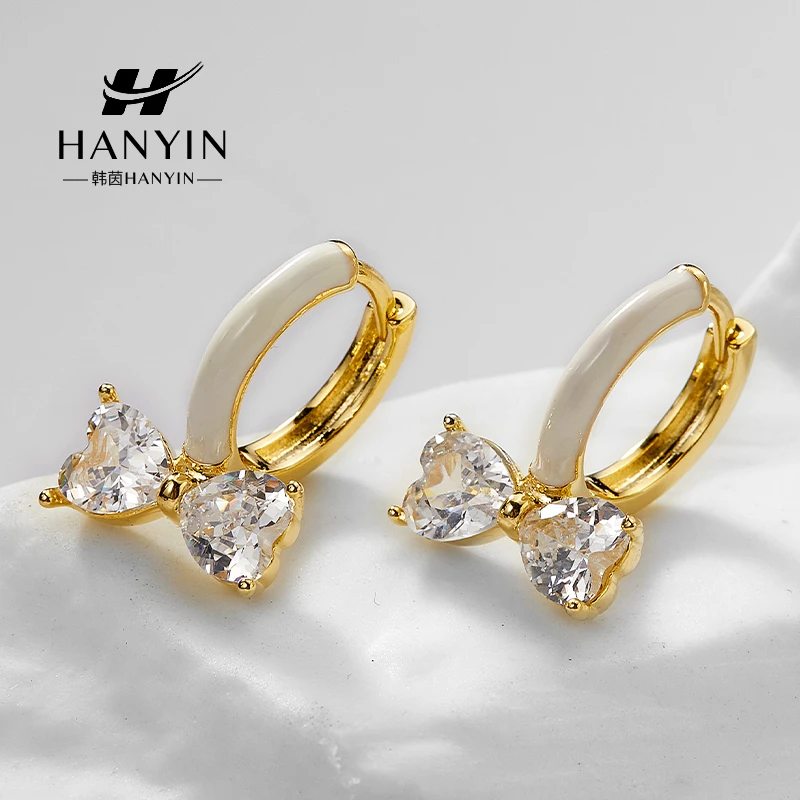 HANYIN/韩茵 铜合金合成锆石耳饰 气质时尚闪亮爱心蝴蝶结耳扣