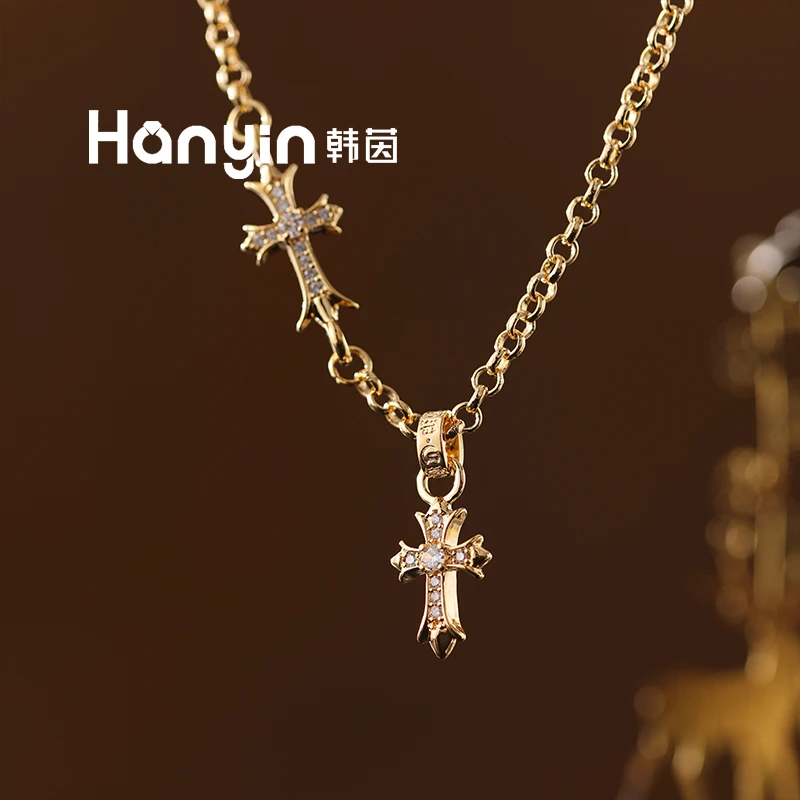 铜合金项链 时尚小众气质光面微镶大小十字架项链AAA