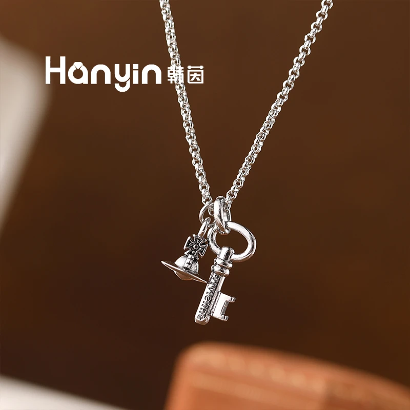 铜合金项链 时尚百搭气质光面立体土星钥匙项链AAA