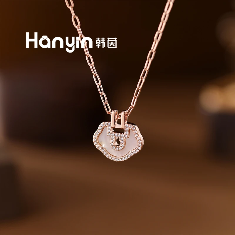 铜合金项链 时尚百搭气质光面满微镶白贝如意平安锁项链AAA