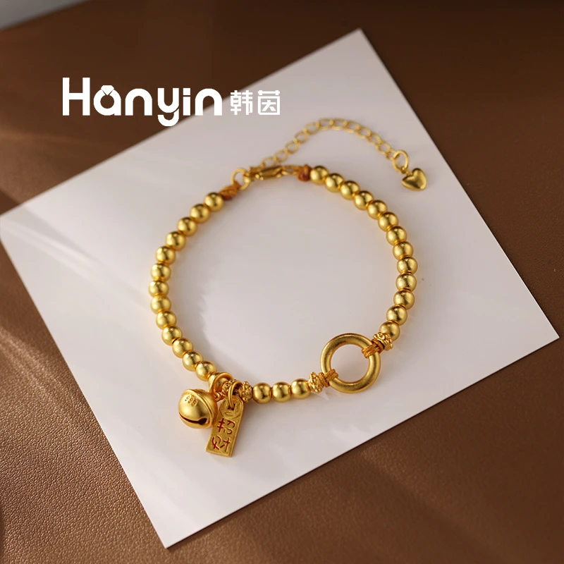 铜合金珐琅手链 时尚百搭新中式光面招财纳福拍铃铛圆环手链