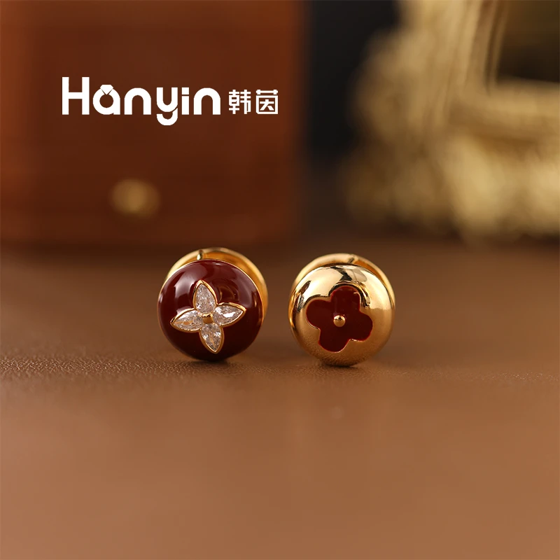 铜合金合成锆石耳饰 时尚气质安可拉红微镶双面尖花四叶草耳扣AAA