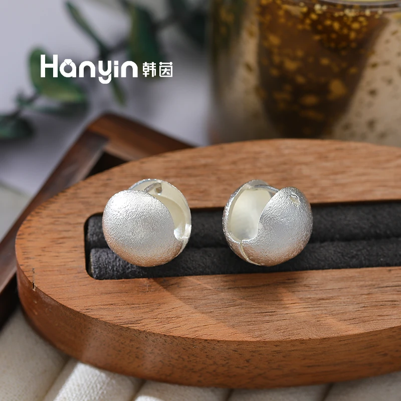 铜合金耳饰 极简冷淡风拉丝工艺磨砂立体球球耳扣ins时尚简约素款