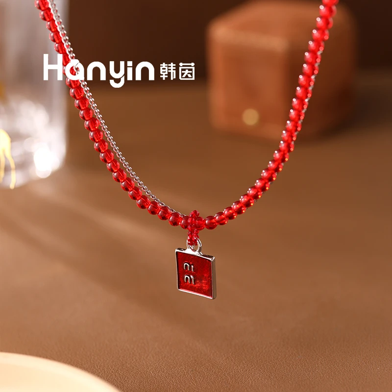 铜合金仿水晶项链 时尚气质光面双层叠戴M字母小锁圆珠项链AAA