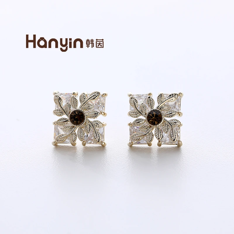 铜合金合成锆石耳饰 925银针时尚气质轻奢轻中古麦穗方形耳钉AAA