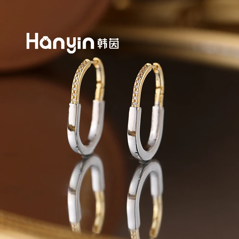 铜合金合成锆石耳饰 时尚轻奢小众气质撞色微镶大耳圈AAA