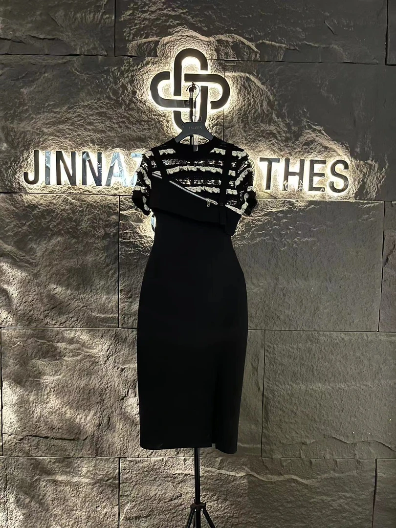 【原创大码设计师款】2024设计感条纹勾花假两件背带长款连衣裙4974