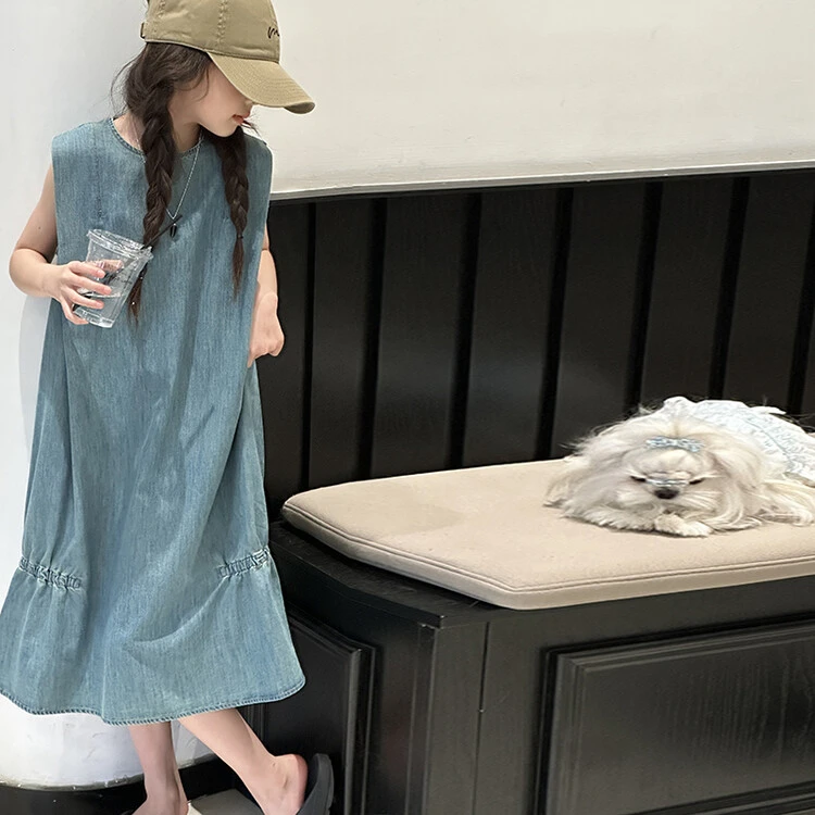 女童牛仔连衣裙夏季2024新款洋气儿童韩版长裙女孩背心裙大童裙子