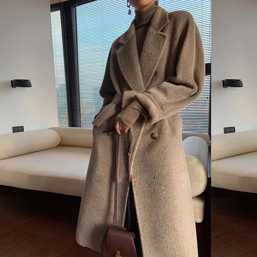 888801双面骆驼绒大衣高端定制气质翻领系带长款女秋冬外套