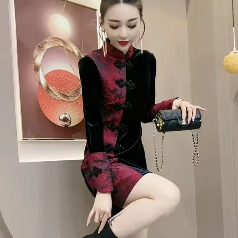 复古国风女装连衣裙本命年红色盘扣中式轻奢高品唐装红花连衣裙