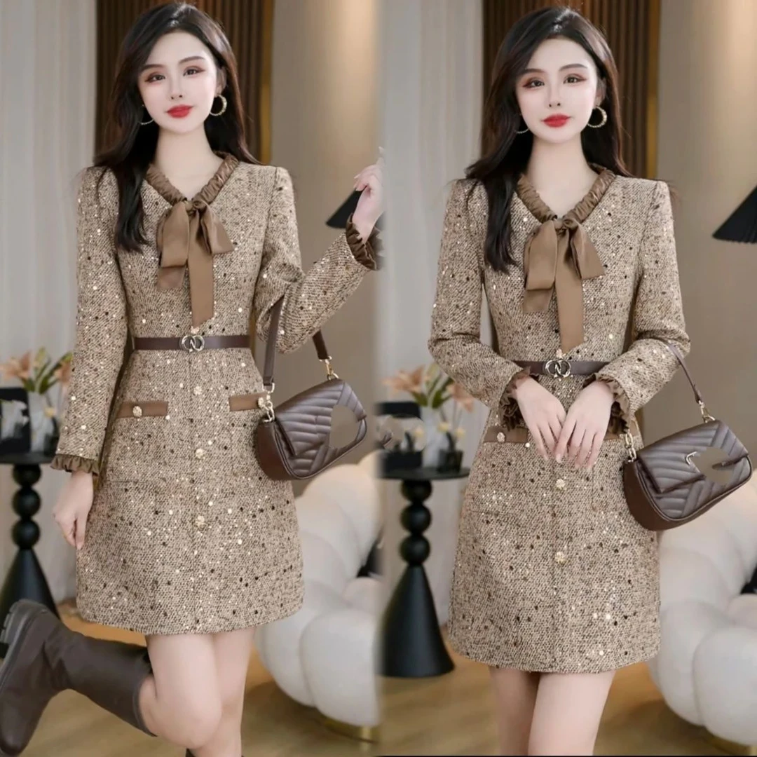 秋冬款高级名媛收腰气质连衣裙女2024爆款法式香风显瘦a字打底裙