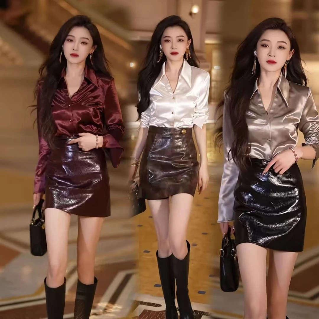 2024韩版时尚气质名媛纯欲缎面修身长袖衬衫+性感包臀裙套装女
