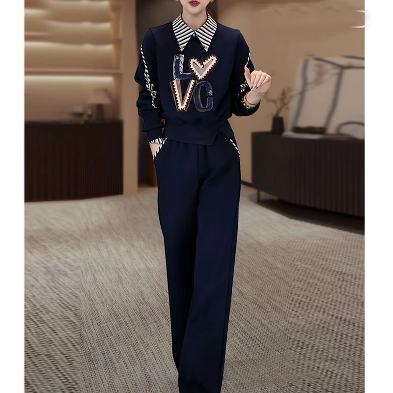 2024秋季新款女装气质休闲时尚套装女假两件翻领卫衣阔腿裤两件套
