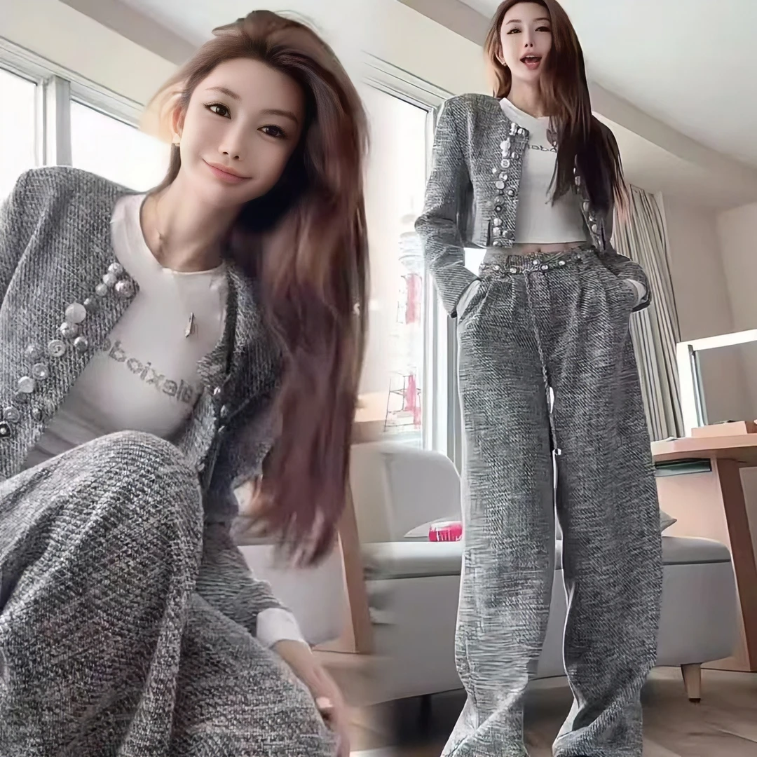 小香风灰色套装2024新款名媛重工纽扣西装短外套高腰阔腿裤两件套