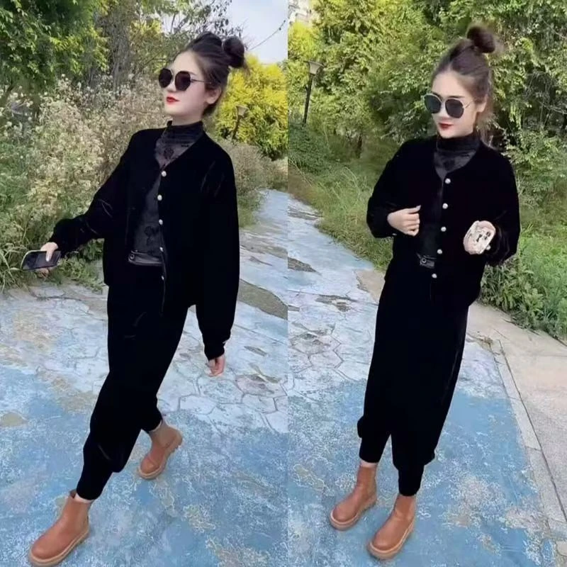 套装2024网红新款女小时尚香风金丝绒气质二件套洋气百搭哈伦装